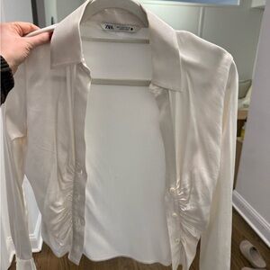 Zara Ruched Satin Button Down Blouse